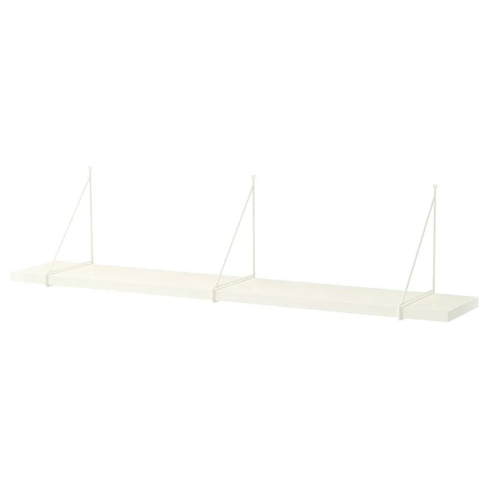 A white wall-mounted shelf named BERGSHULT. It has a smooth and bevelled edge, supported by metal brackets. Perfect for displaying items in any room.