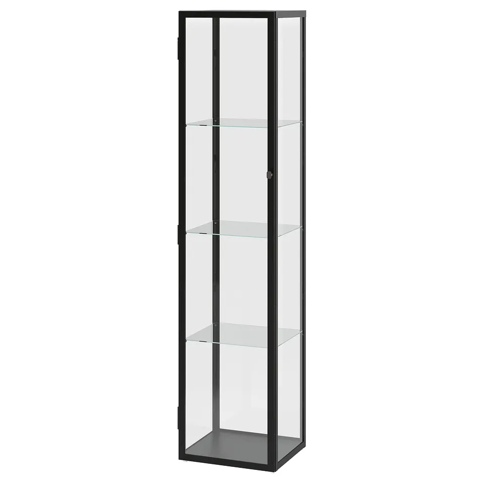 A black vertical glass-door cabinet named BLÅLIDEN with four glass shelves, suitable for displaying and storing items.