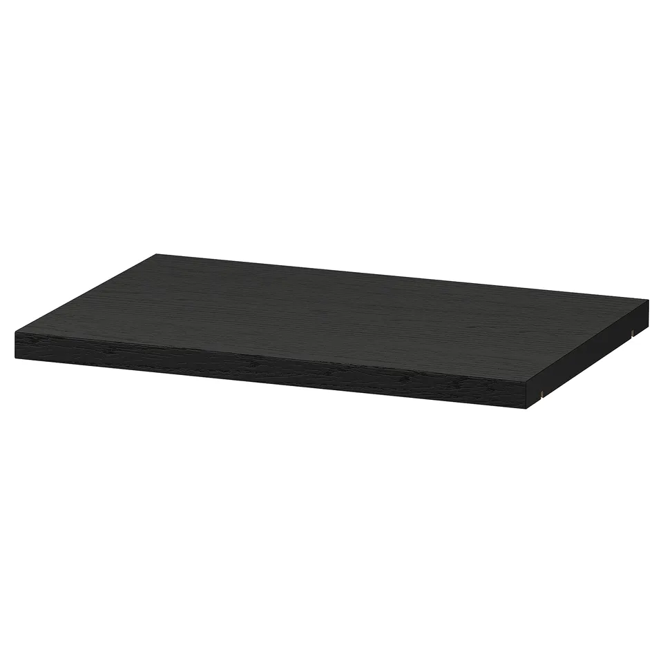 Black rectangular shelf, part of the BILLY bookcase series, made from particleboard with plastic edging and paper foil.