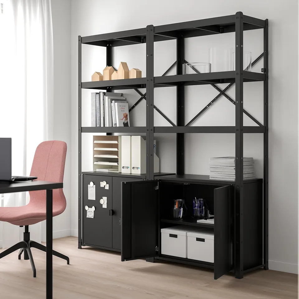 BROR black metal storage: shelving and cabinet with magnetic doors, holding books and boxes.