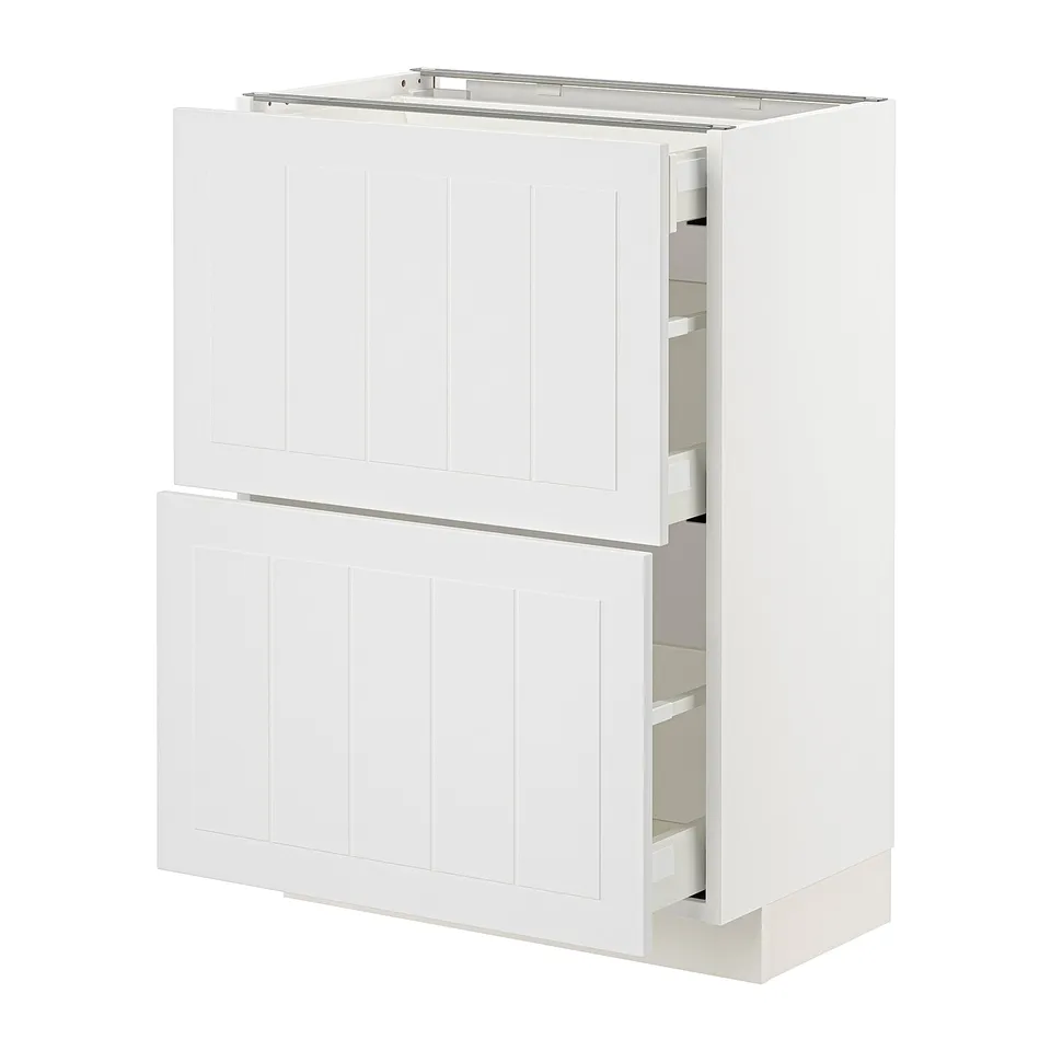 Ikea METOD white kitchen cabinet with two open drawers, light wood style.