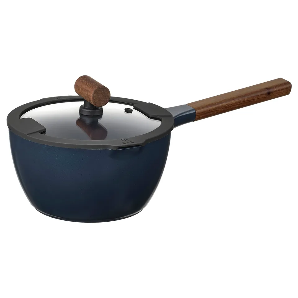 Klipfisk blue saucepan with wooden handle, black rim, and glass lid. Modern, round design, perfect for serving.