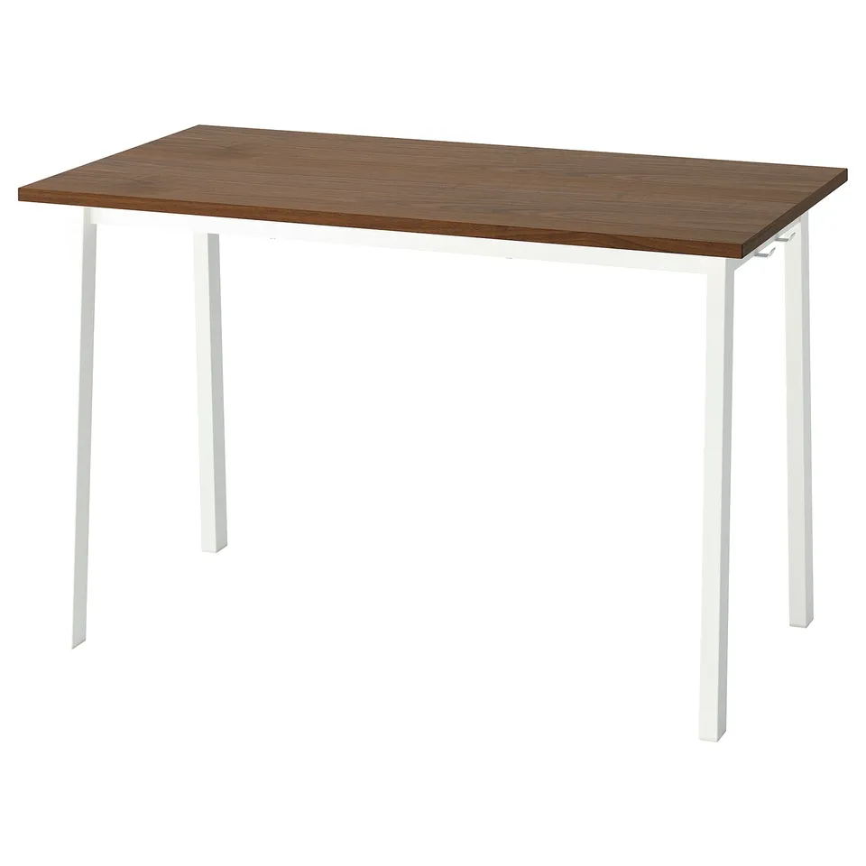 MITTZON table. White metal legs, walnut top. Rectangular, minimalist design.