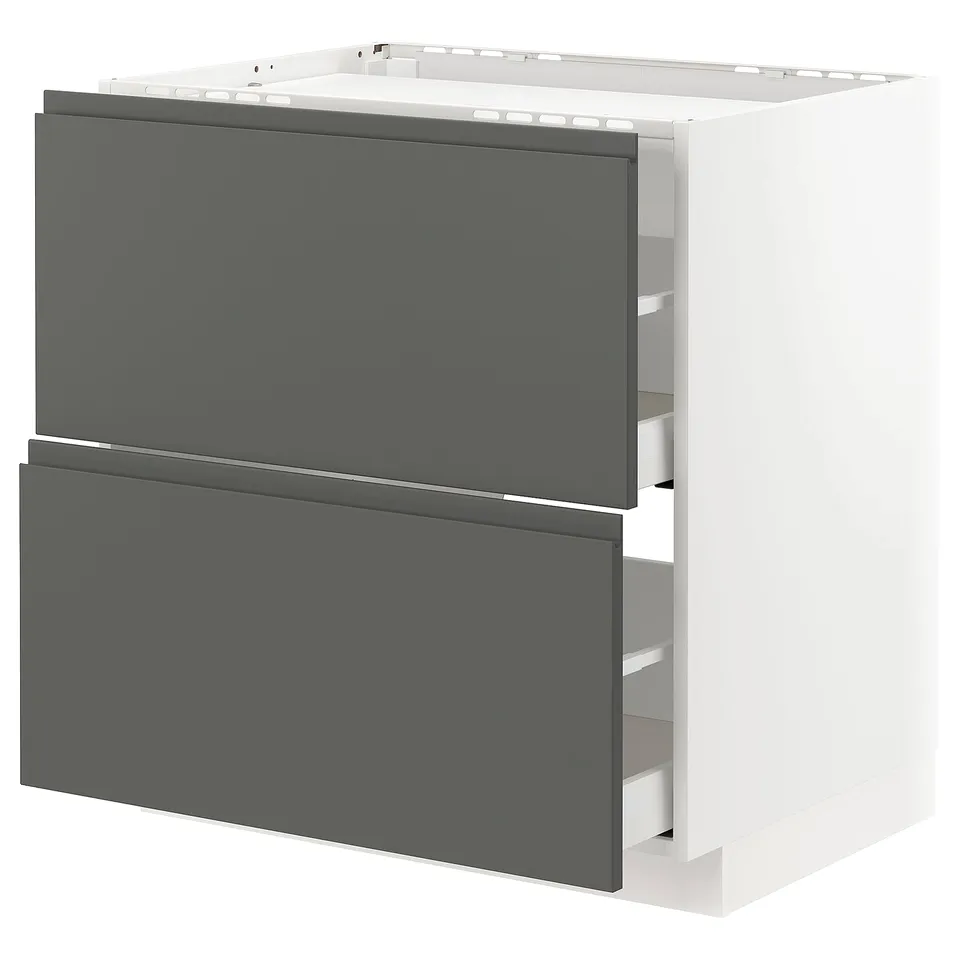 Modern dark grey kitchen cabinet with sleek pull-out drawers.