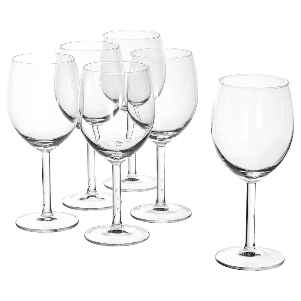 Set of clear glass wine glasses. Classic shape, long stems, elegant design.