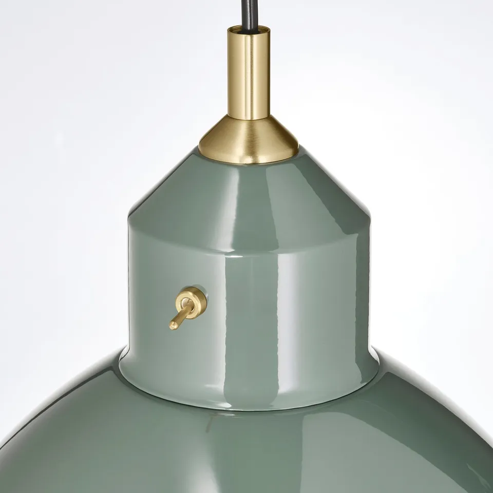 Modern pendant lamp with sleek sage green shade, gold accents, and toggle switch, reflecting high-quality craftsmanship.