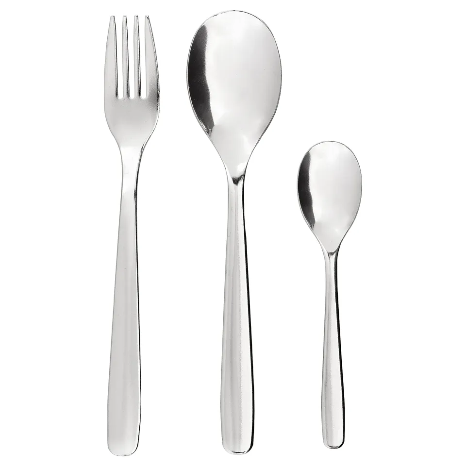 MOPSIG stainless steel cutlery - fork, spoon, teaspoon. Sleek, modern design, durable, easy to clean.