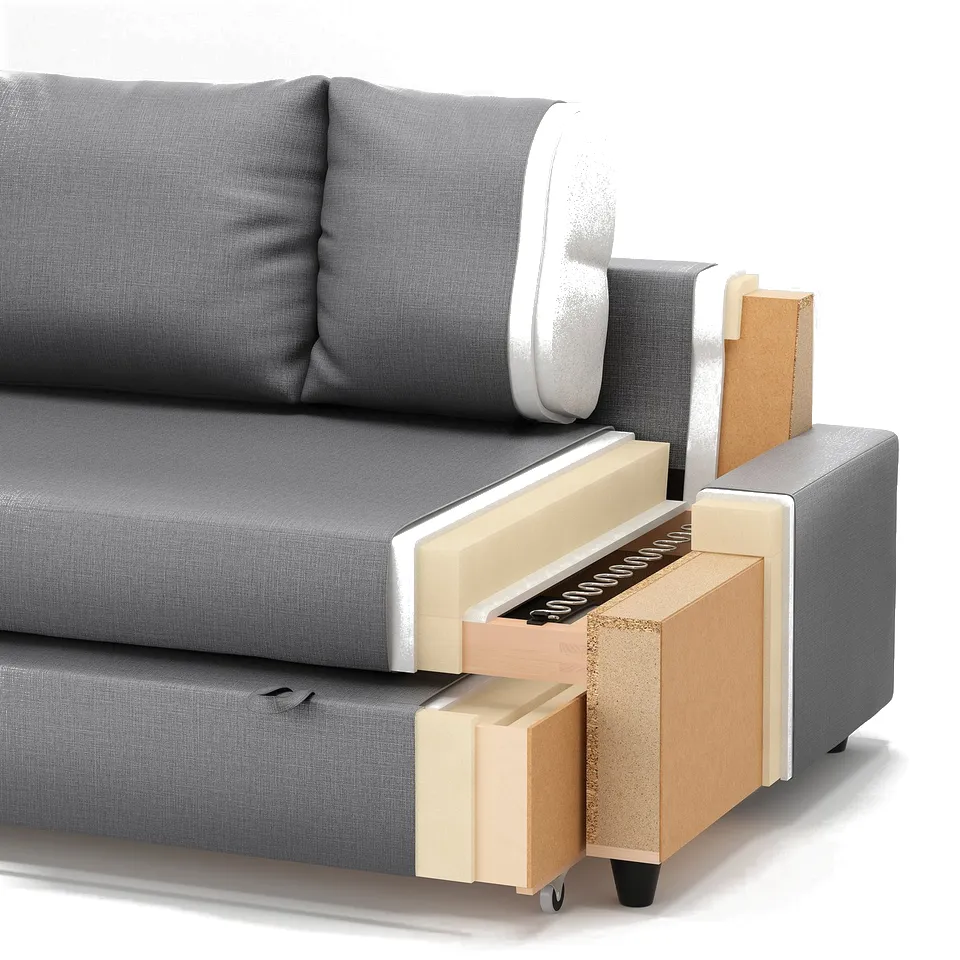 Exploded view of a modular sofa, showing layers of fabric, foam, particleboard, plywood, and solid wood.