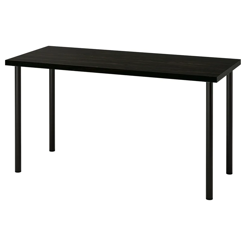 Is of a LAGKAPTEN table, black, rectangular, with a flat top and metal legs. Simple and modern design.
