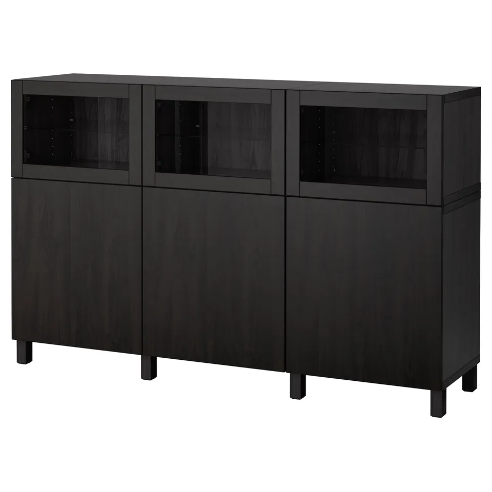 Black BESTÅ sideboard with glass doors, wooden frames, adjustable shelves.