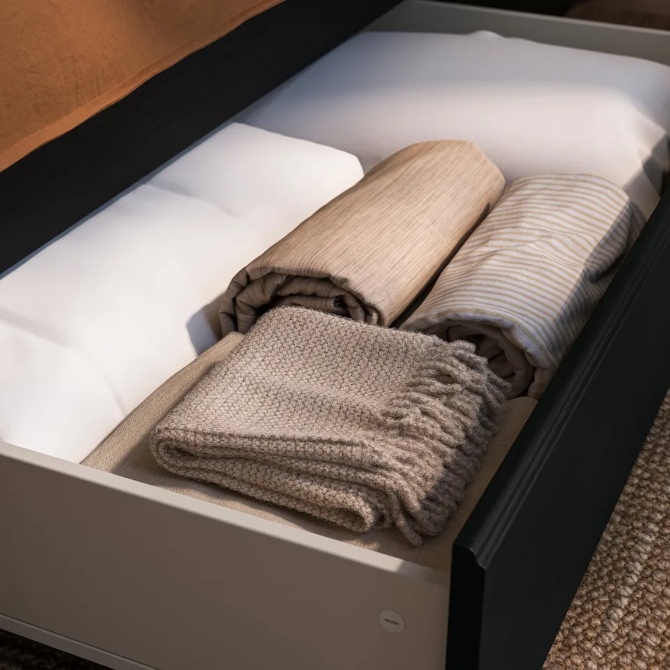 Open drawer with neatly folded bed linens and blankets.
