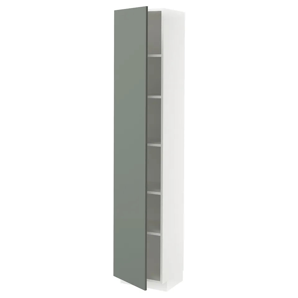 A modern vertical cabinet in white and light green, featuring adjustable shelves inside.