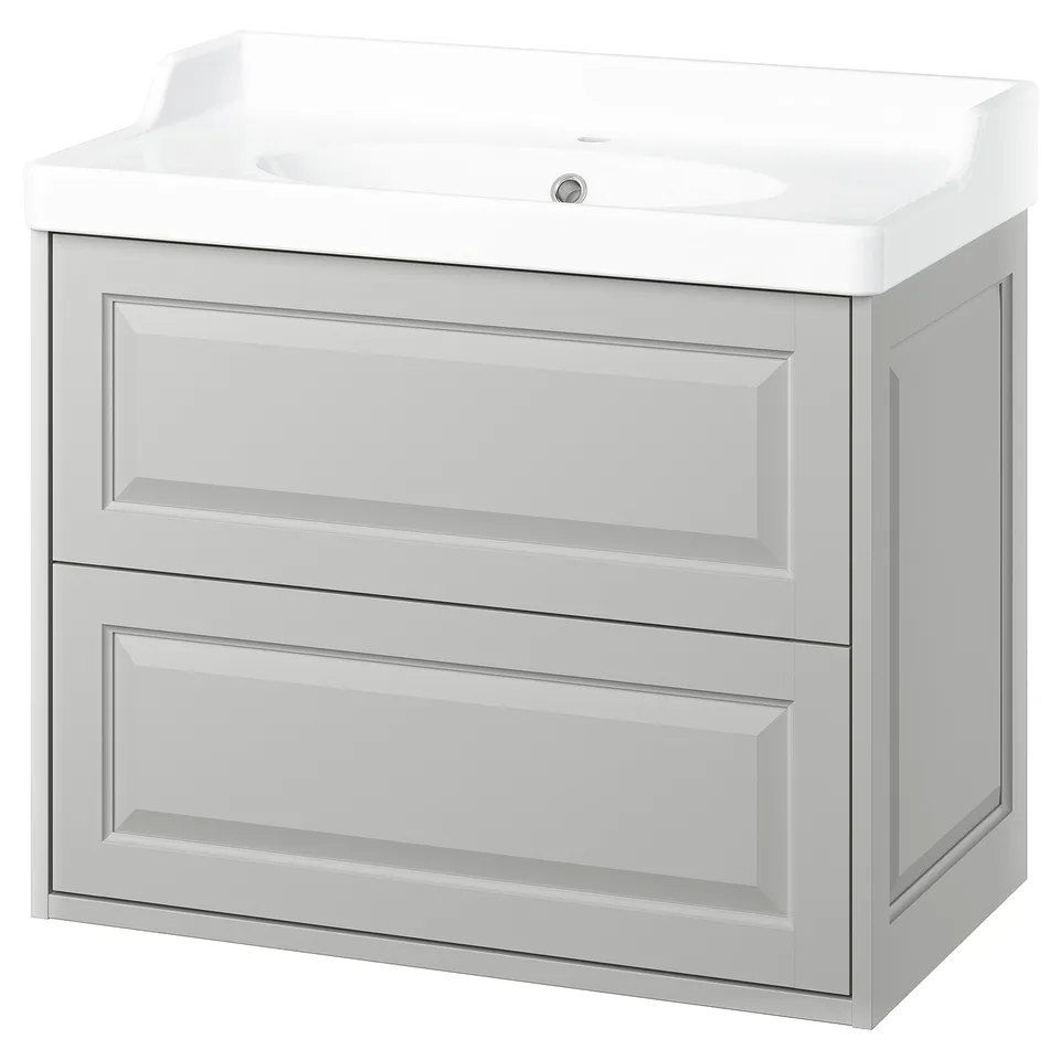 TÄNNFORSEN light grey vanity. Clean design, 2 drawers, ceramic sink.