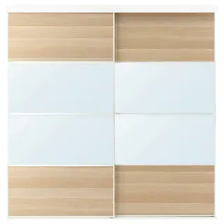 SKYTTA / MEHAMN/AULI sliding door combination, white/white stained oak effect mirror glass, 202x205 cm