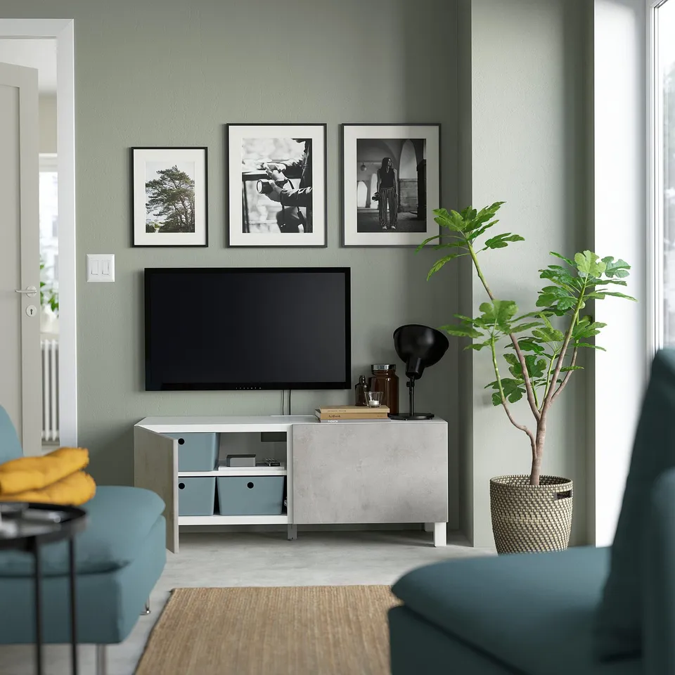 Modern living room with tv on wall stand, adjustable shelves, cable management, soft-close doors, framed photos, and plant.