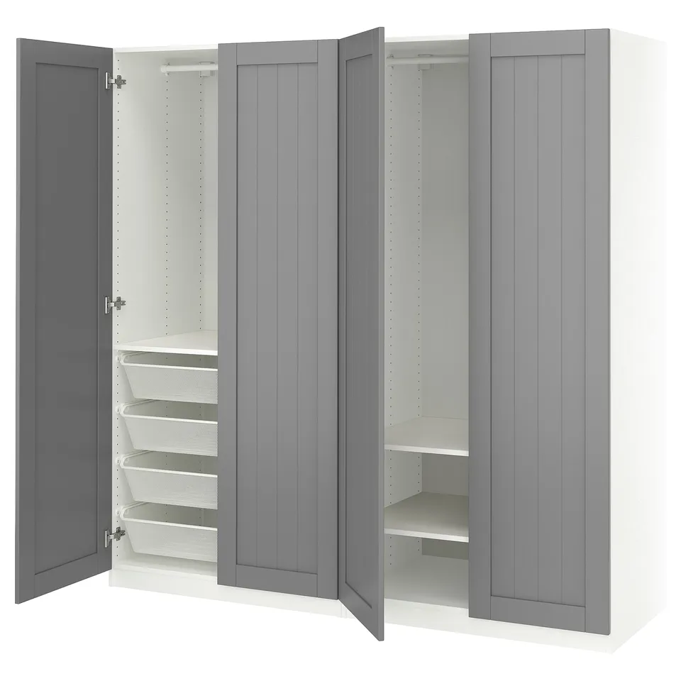 Grey PAX wardrobe: double doors open to reveal shelves and drawers. Modern design with soft-close hinges.