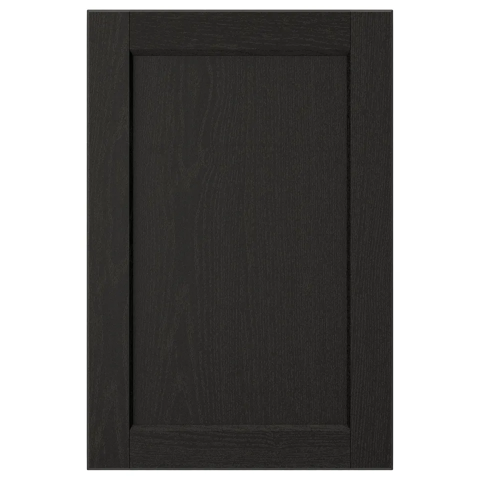 LERHYTTAN black kitchen cabinet door, simple rectangular design with bevelled edges, made from solid wood and ash veneer.