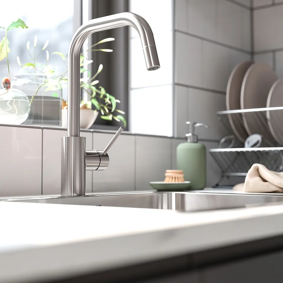 Modern kitchen sink with stainless steel tap, green soap, plant, and dishes.