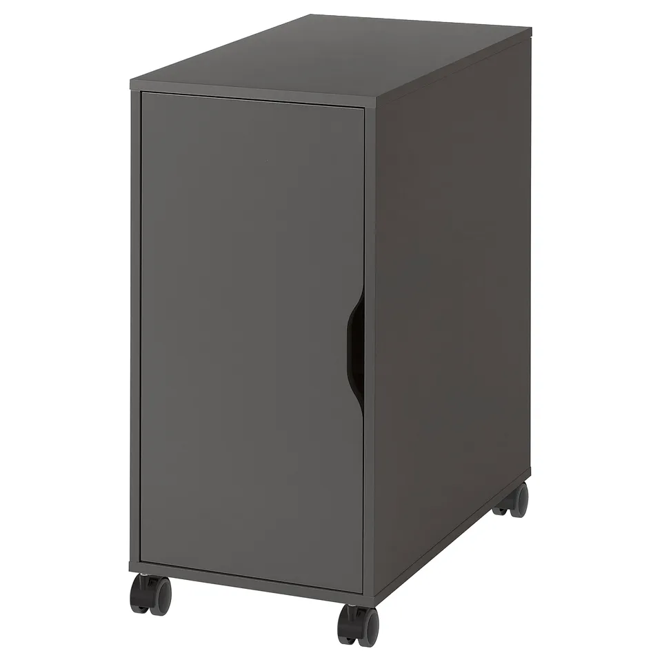 Dark grey mobile storage cabinet with one door and castors, sleek design.