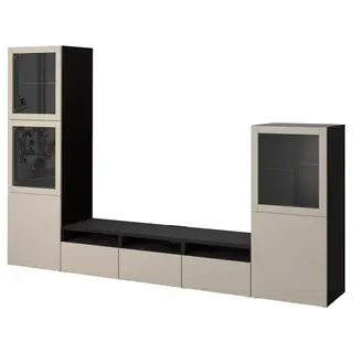 BESTÅ TV storage combination/glass doors, black-brown Sindvik/Lappviken light grey/beige, Width 300 x Depth 42 x Height 193 cm
