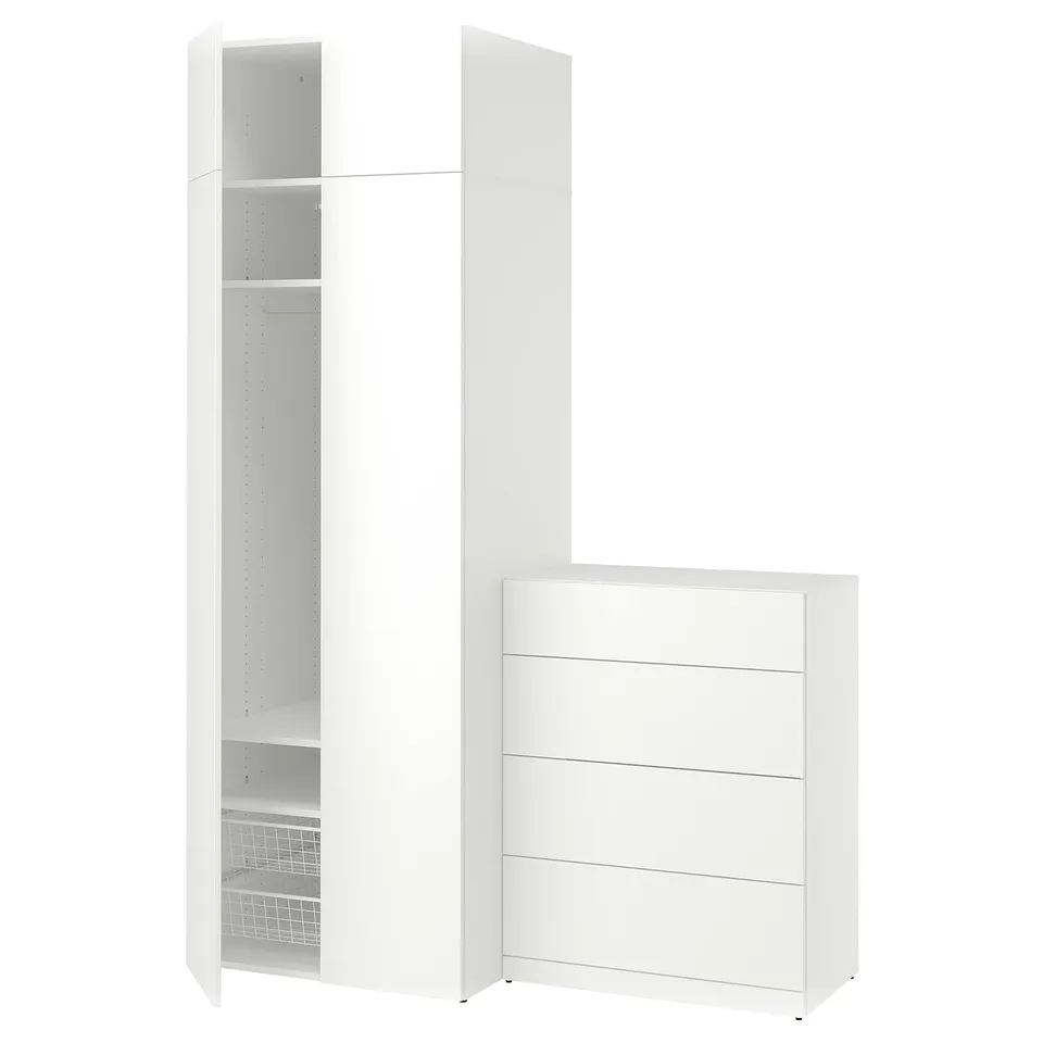 LASTARE white storage set includes: tall cabinet with shelves, shorter cabinet with drawers, sleek minimalist design, ideal for organising.