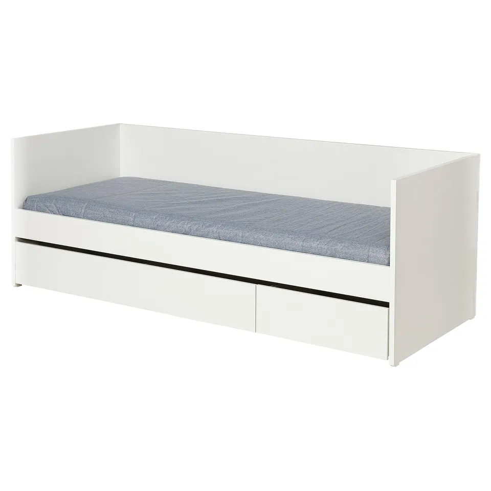 Modern white daybed with blue mattress and underneath storage drawers.