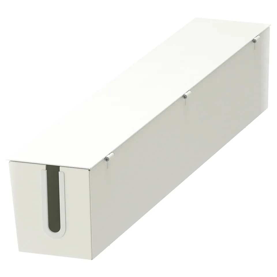 A white rectangular storage box with a handle on side, made of steel with powder coating, designed for organising cables and keeping spaces tidy.