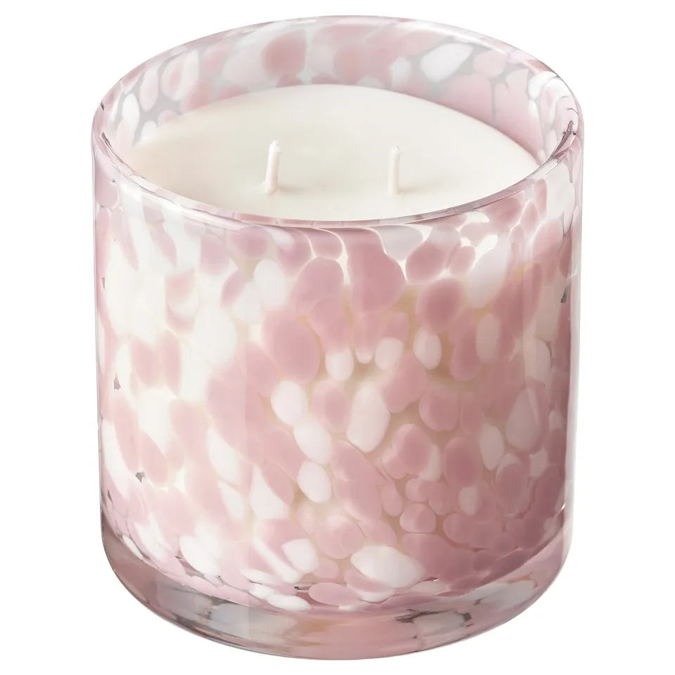 KRONSÅNGARE Scented candle in glass, 2 wicks, Pink flowers/dotted pink, 50 hr