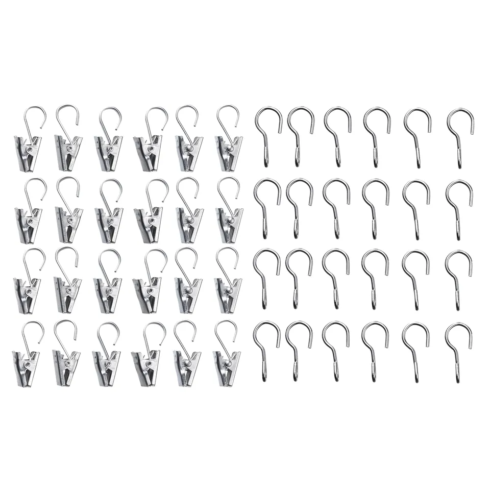 Image shows RIKTIG stainless steel clips and hooks, silver, neatly arranged for curtain hanging.