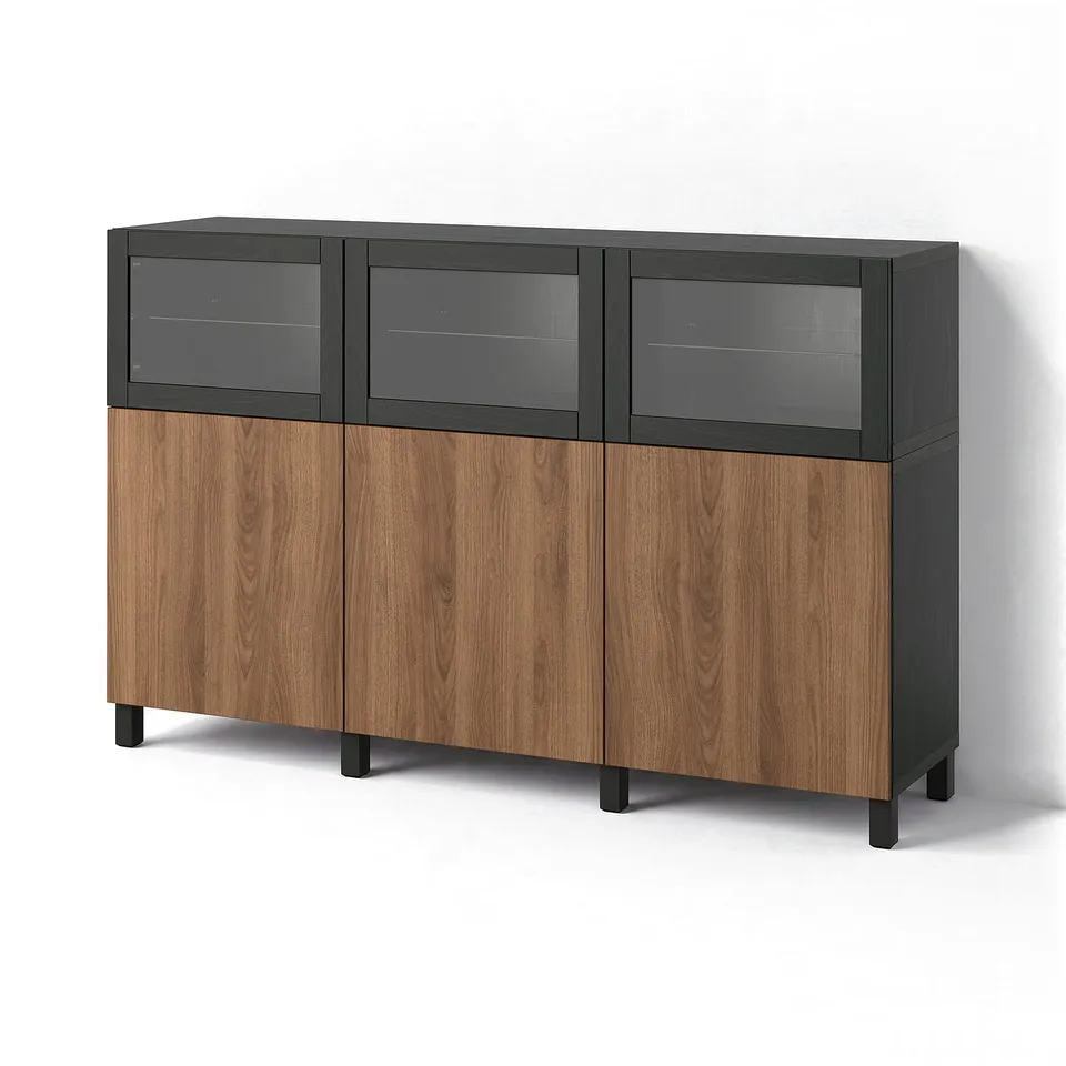 BESTÅ Storage combination with doors, black-brown Lappviken/brown walnut effect, 180x42x112 cm