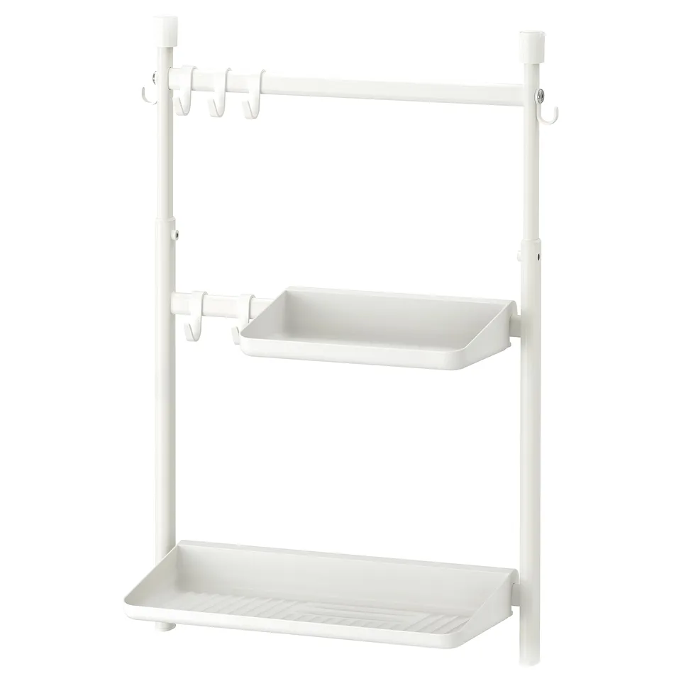 The white SUNNERSTA wall-mounted storage rack two shelves, hooks, and a minimalist design.