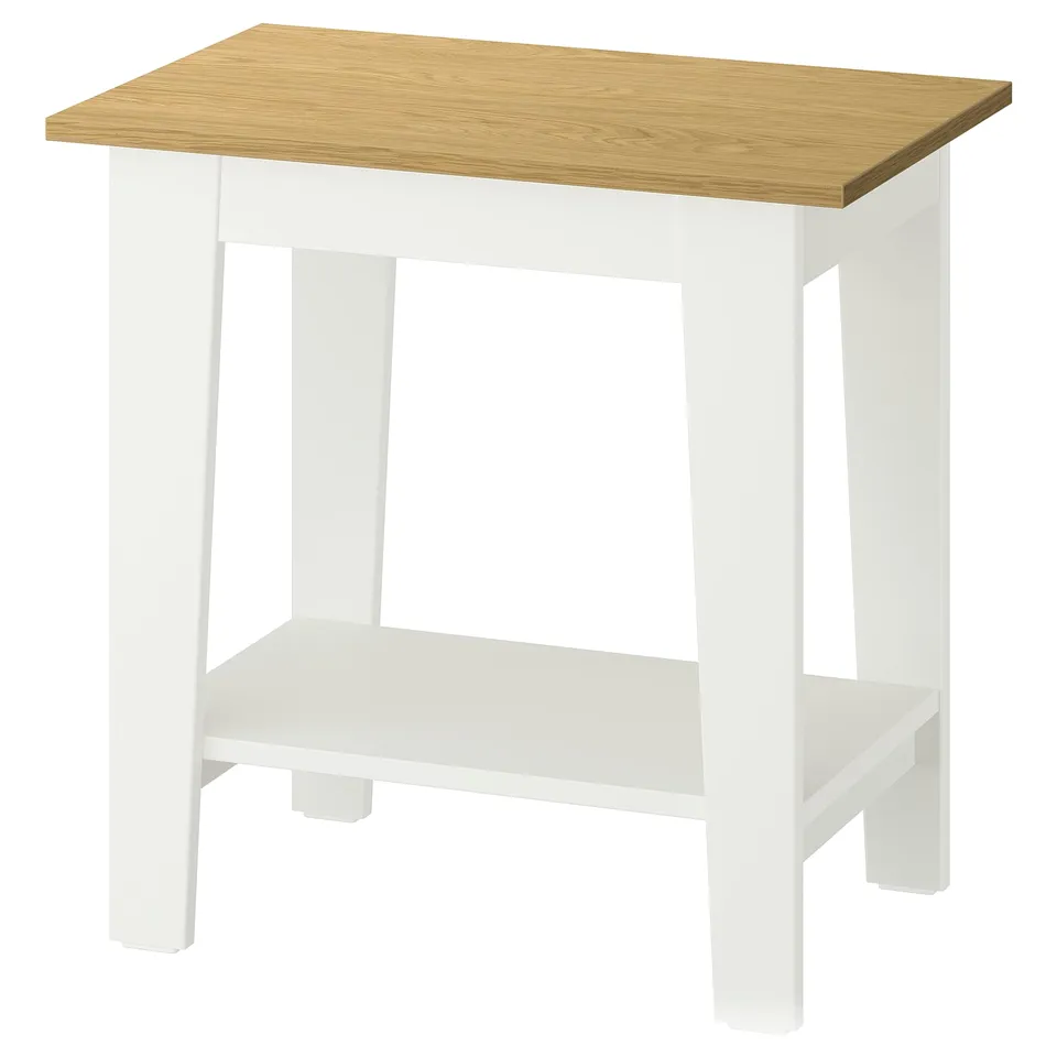 ÄMMARYD side table, white & wood, rectangular top & shelf, four square legs.