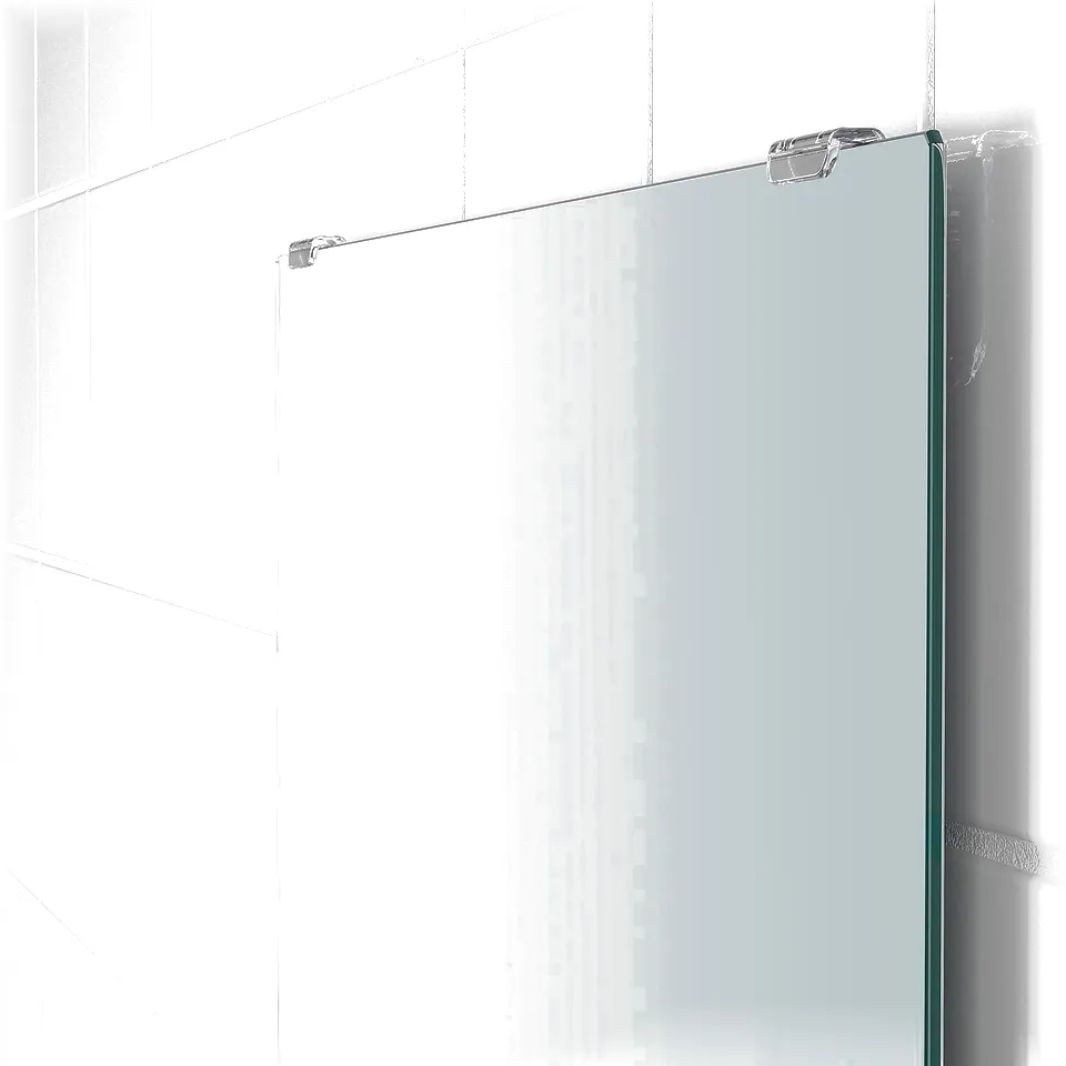 Modern glass shower door with sturdy metal hinges. Clear, sleek design for elegant bathrooms.