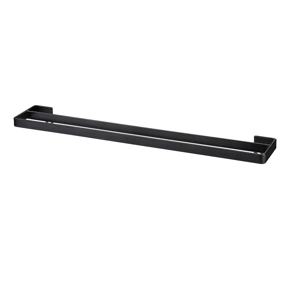 Black SKOGSVIKEN shelf, minimalist, flat surface, sturdy brackets.