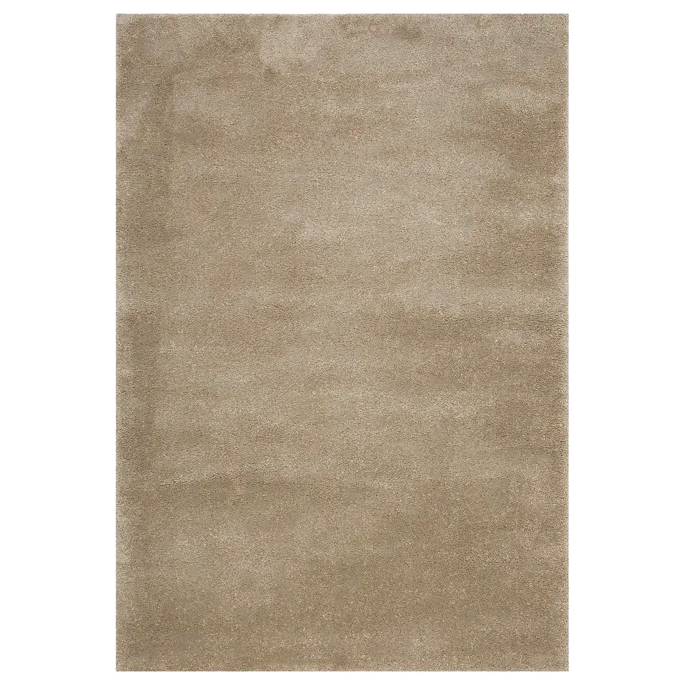 STOENSE beige rug: soft, thick pile, light sheen, recycled polyester & polypropylene, rectangular, plain.