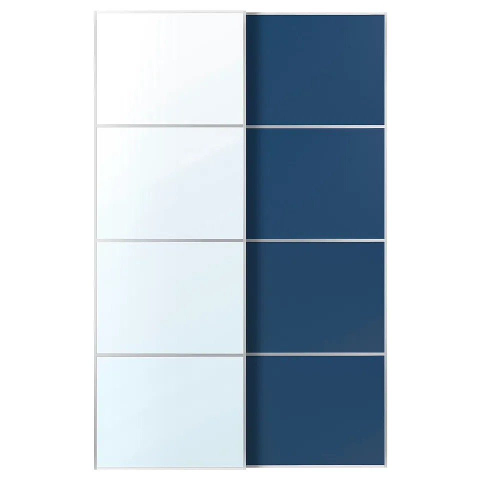 AULI / MEHAMN Pair of sliding doors, aluminium mirror glass/double sided blue, 150x236 cm
