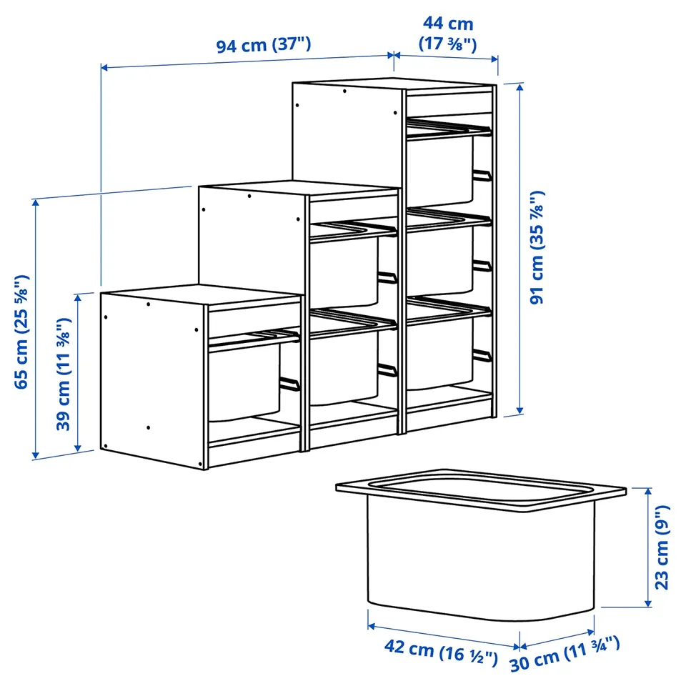 Illustration with measurements for the product: TROFAST.