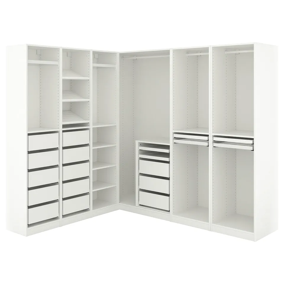 White PAX wardrobe set, modern, corner design with shelves, drawers, and hanging space.