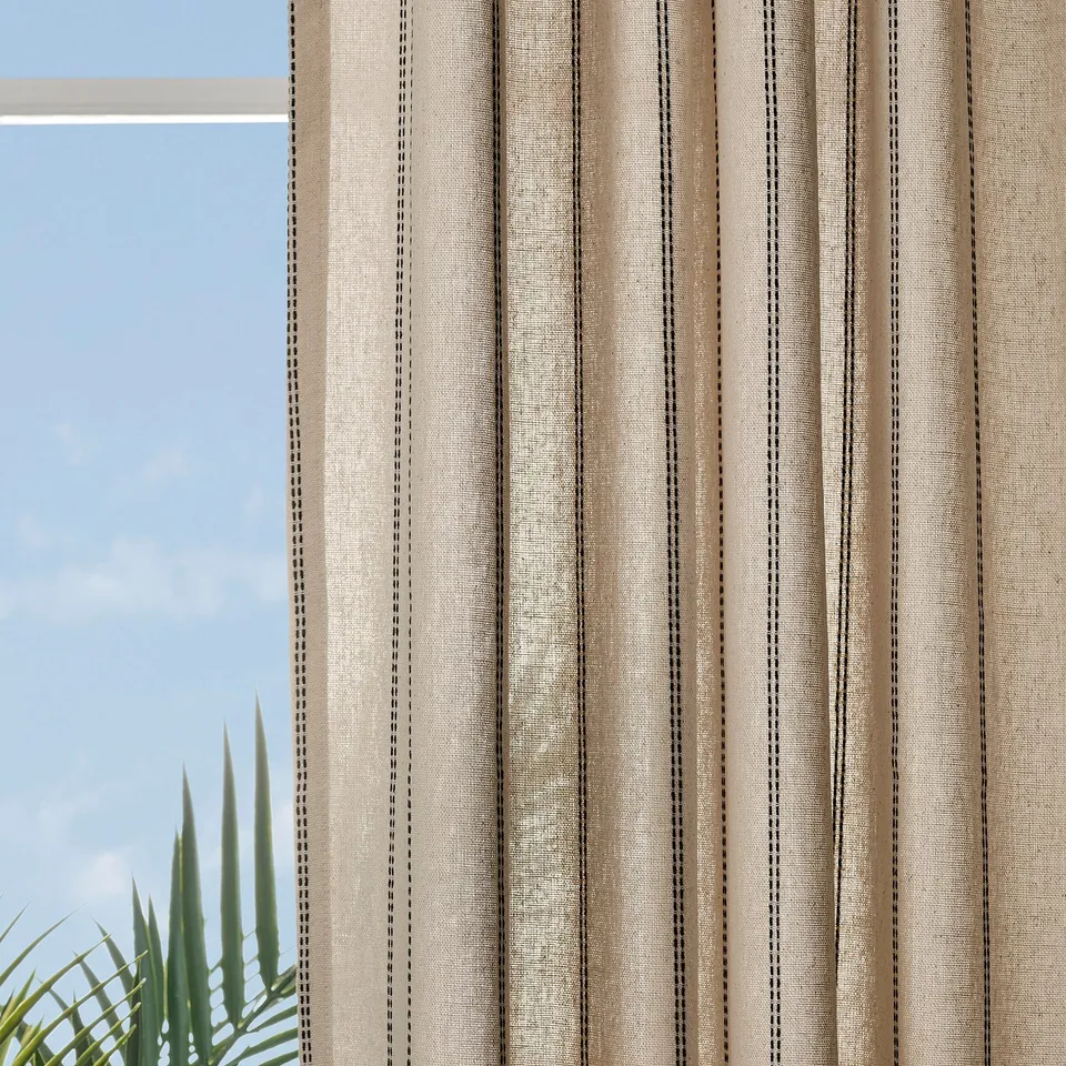 MAISTANGG Curtains, 1 pair, off-white dark grey/striped with heading tape, 145x300 cm