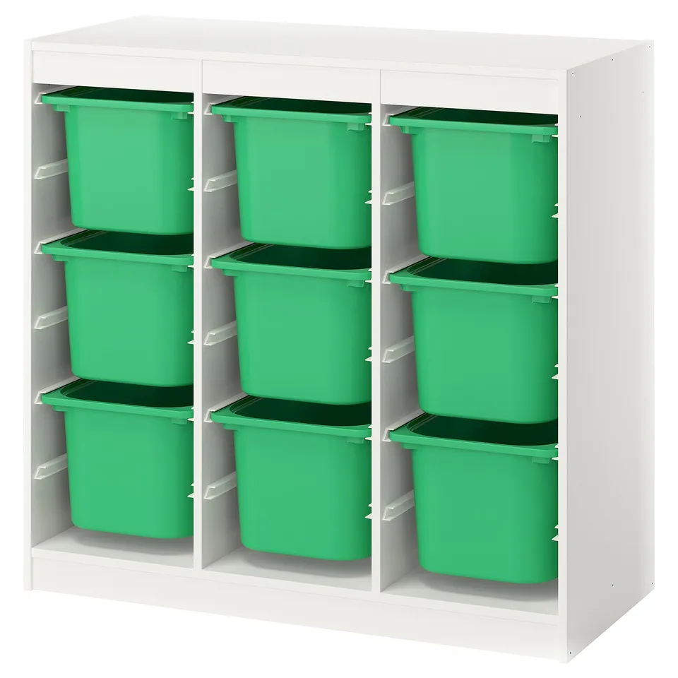 TROFAST Storage combination with boxes, room divider/white bright green, 99x44x95 cm