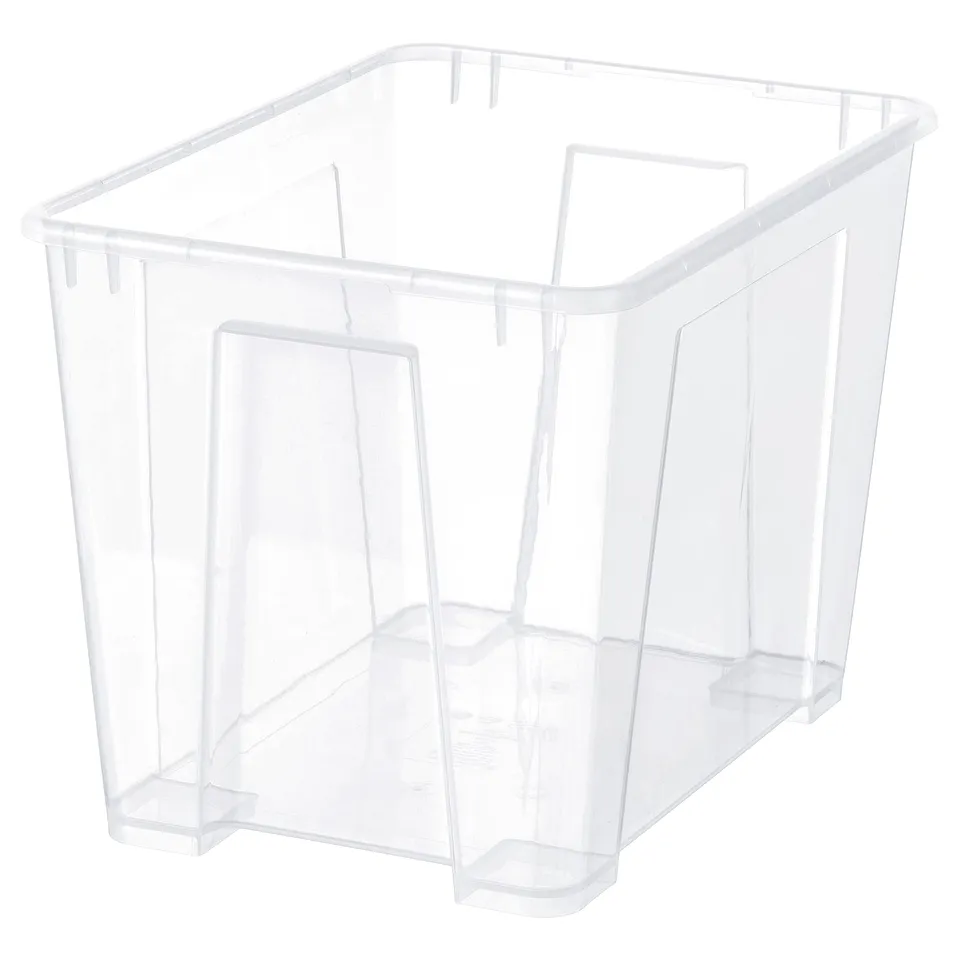 A clear, rectangular SAMLA storage box made of transparent polypropylene plastic, designed for organising and stacking items.
