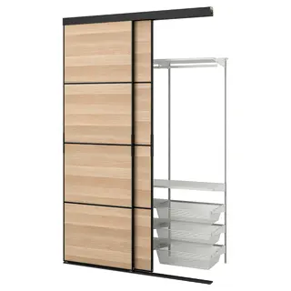 SKYTTA / BOAXEL reach-in wardrobe with sliding door, black double sided/Mehamn white stained oak effect, Width 152.0 x Depth 65.0 x Height 240.0 cm