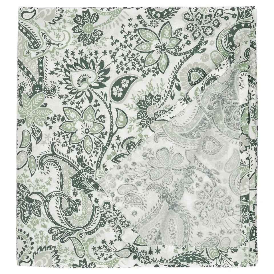 RODGERSIA flat sheet: white & green paisley, cotton & viscose blend, soft, square.
