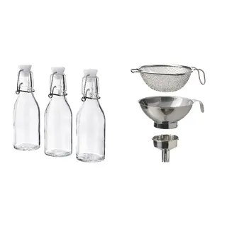 KORKEN set: bottle with stopper + strainer/funnel set of 3