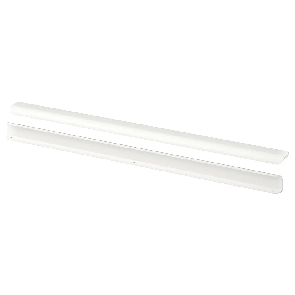 Two long, sleek, white billbro handles, made of aluminium with powder coating, lying parallel.