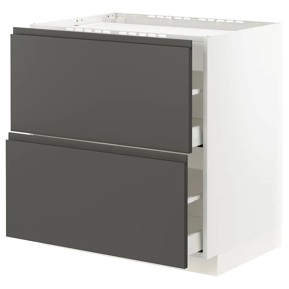 Modern kitchen cabinet in dark grey with sleek handles, featuring two deep drawers on right.