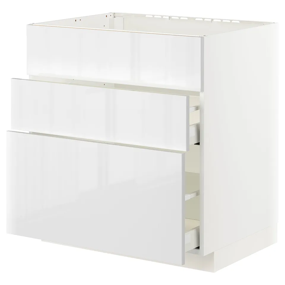 White METOD kitchen unit, glossy, rectangular with three drawers.