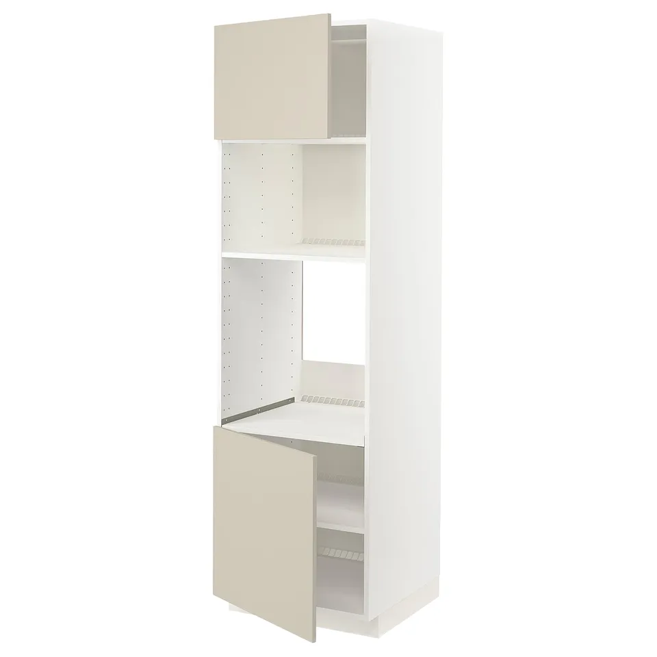 A white METOD kitchen cabinet with beige doors, featuring adjustable shelves and a sleek, modern design.