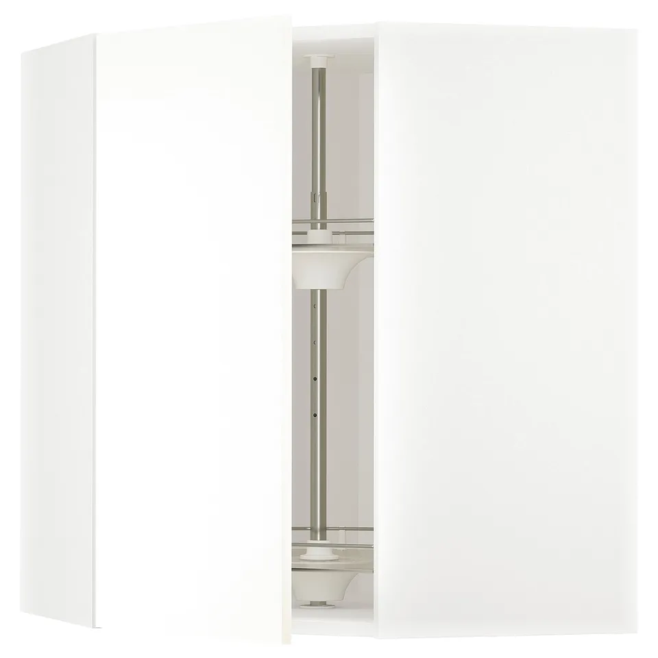 A white METOD kitchen cabinet with adjustable glass shelves, silver metal supports, and a sleek, modern design.