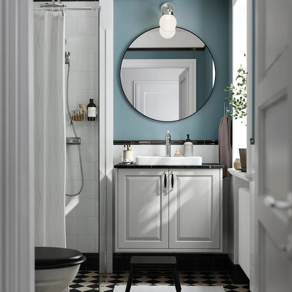 TÄNNFORSEN / ORRSJÖN Wash-stnd w doors/wash-basin, light grey/black marble effect, 82x49x71 cm